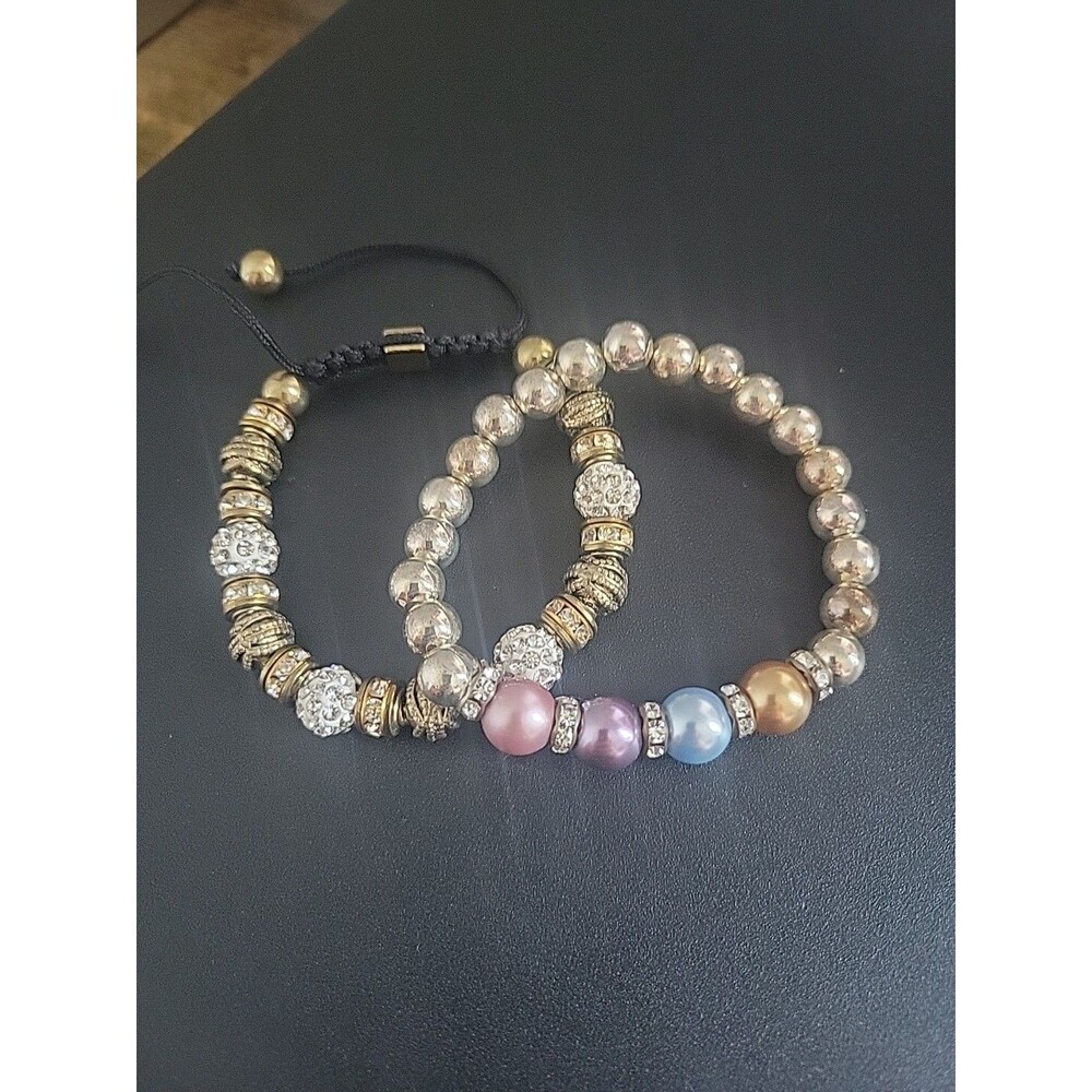 2 Beaded Bracelets With Crystals/rhinestones Burnished Gold Tone & Silver Tone